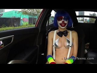 clown teen sucks cock outdoor pov